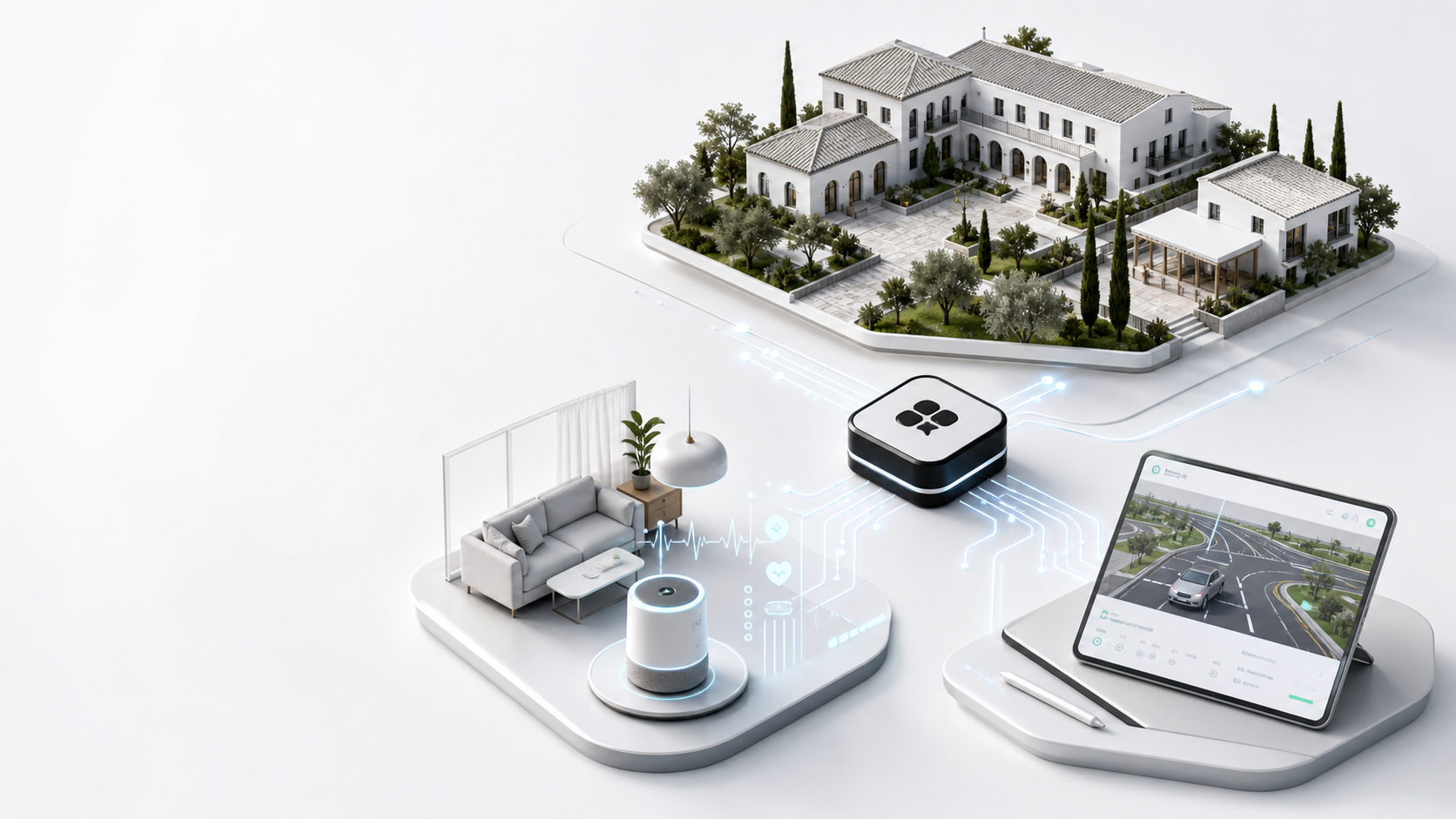 A product constellation showing a senior living residence, home care voice device, and driving test tablet connected to a central technology hub
